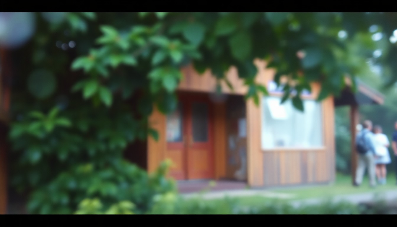 An impressionistic, out-of-focus photograph featuring blurred, vibrant green foliage and the faint outline of a wooden structure, conveying the serene, natural atmosphere of an outdoor film festival.