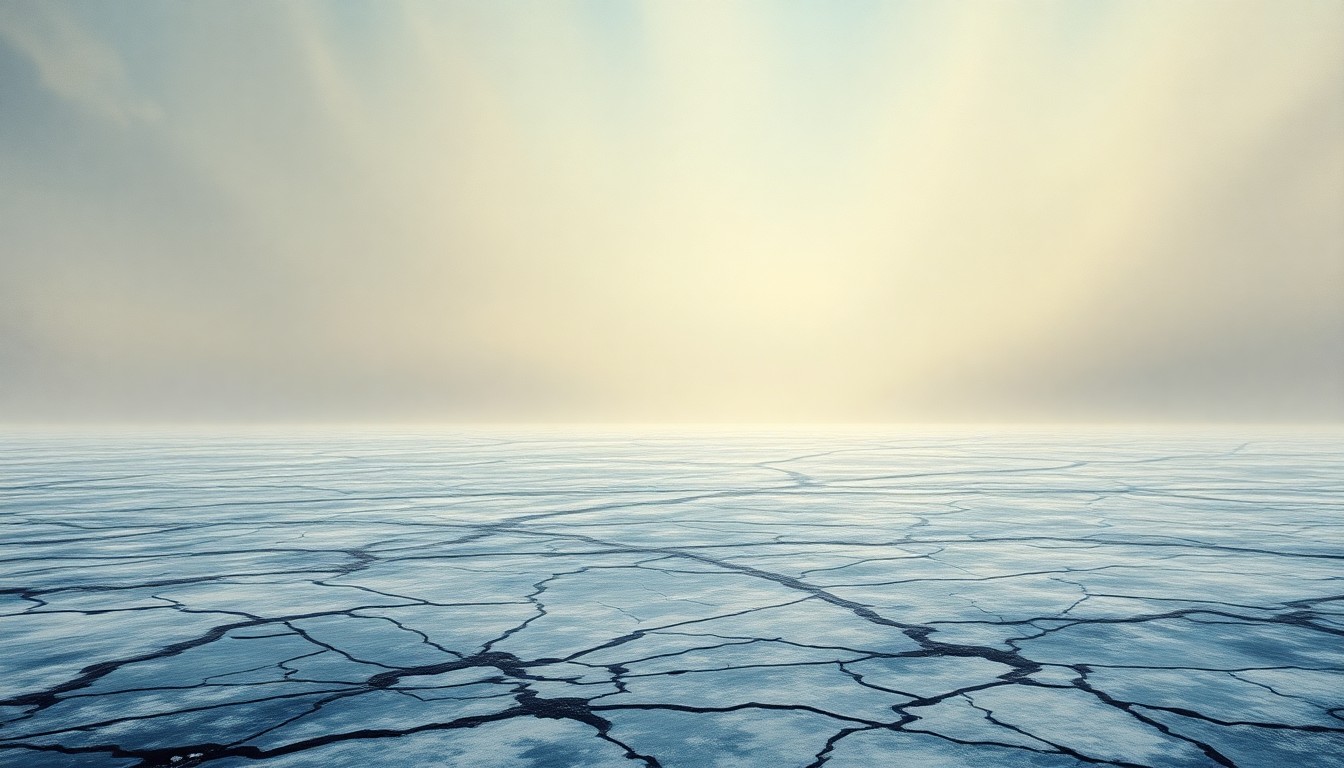 A sweeping, atmospheric landscape painting in muted tones of blue, grey, and white, depicting a vast, frozen expanse with a cracked, icy ground and a distant, hazy horizon, conceptually representing the disruption and uncertainty caused by a major water main failure.