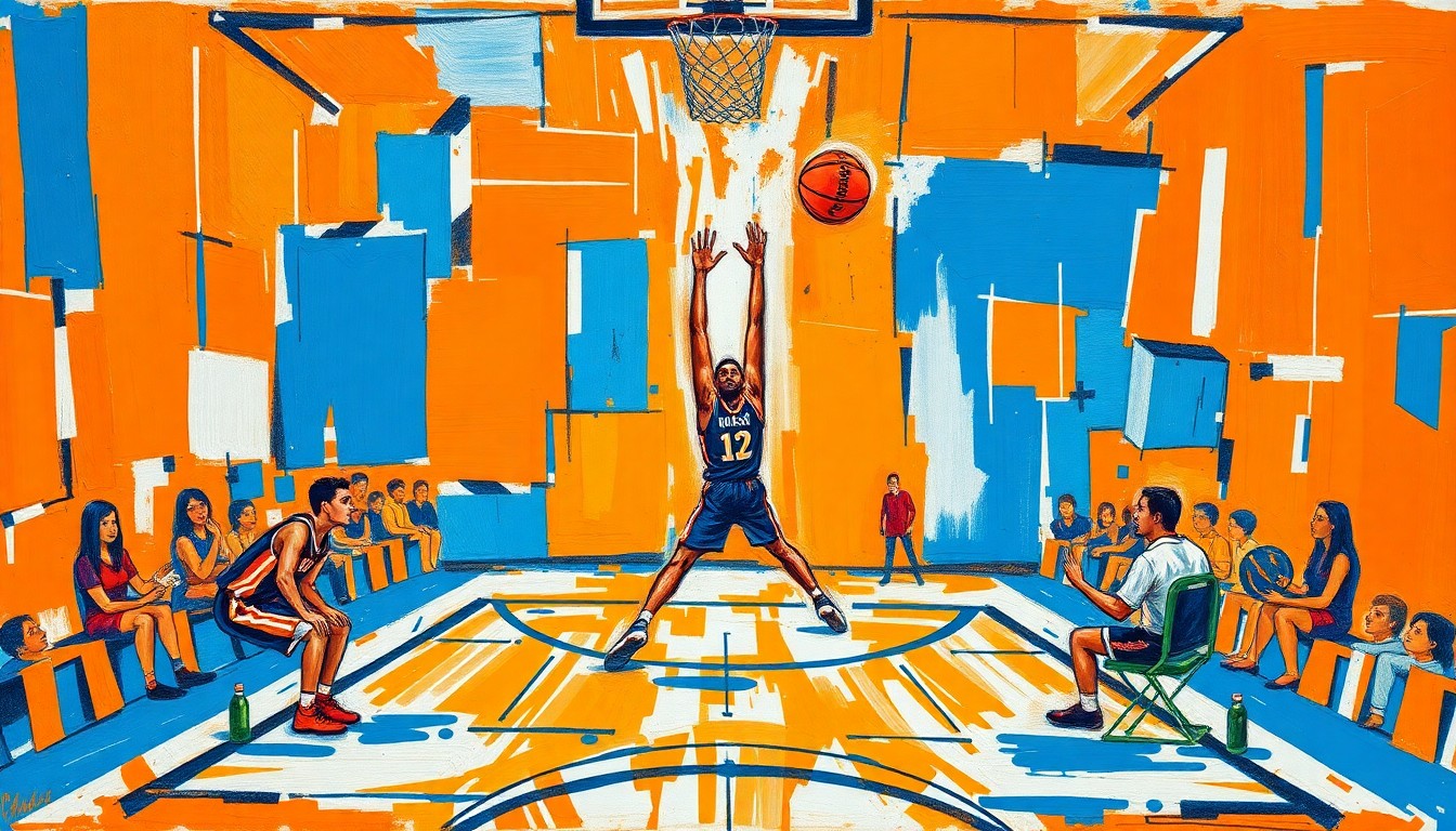 A fractured, geometric painting depicting the overlapping perspectives of a towering basketball player defending the paint in a 2-3 zone defense, using bold, vibrant colors to capture the energy and dynamism of the game.
