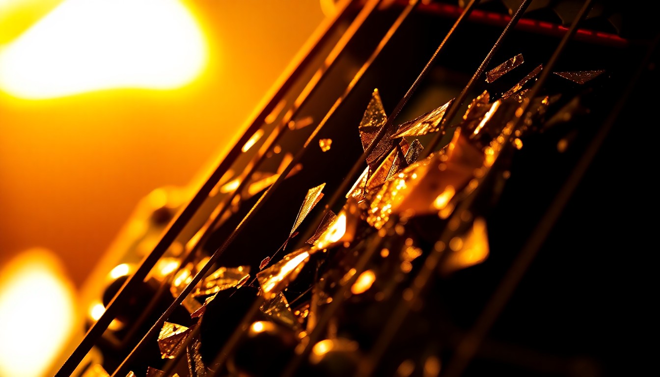 An abstract, high-contrast close-up photograph of a shattered electric guitar string, reflecting a warm, golden light and capturing the gritty, high-energy texture of the 'Presence' album's sound.