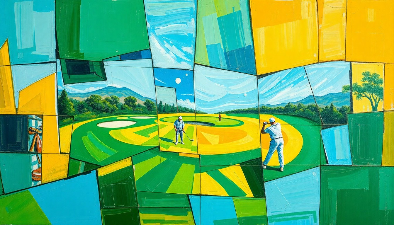 A fragmented, cubist-style painting depicting a golf tournament, with overlapping geometric shapes and planes in vibrant shades of green, blue, and yellow, creating a dynamic and abstract visual representation of the sport.