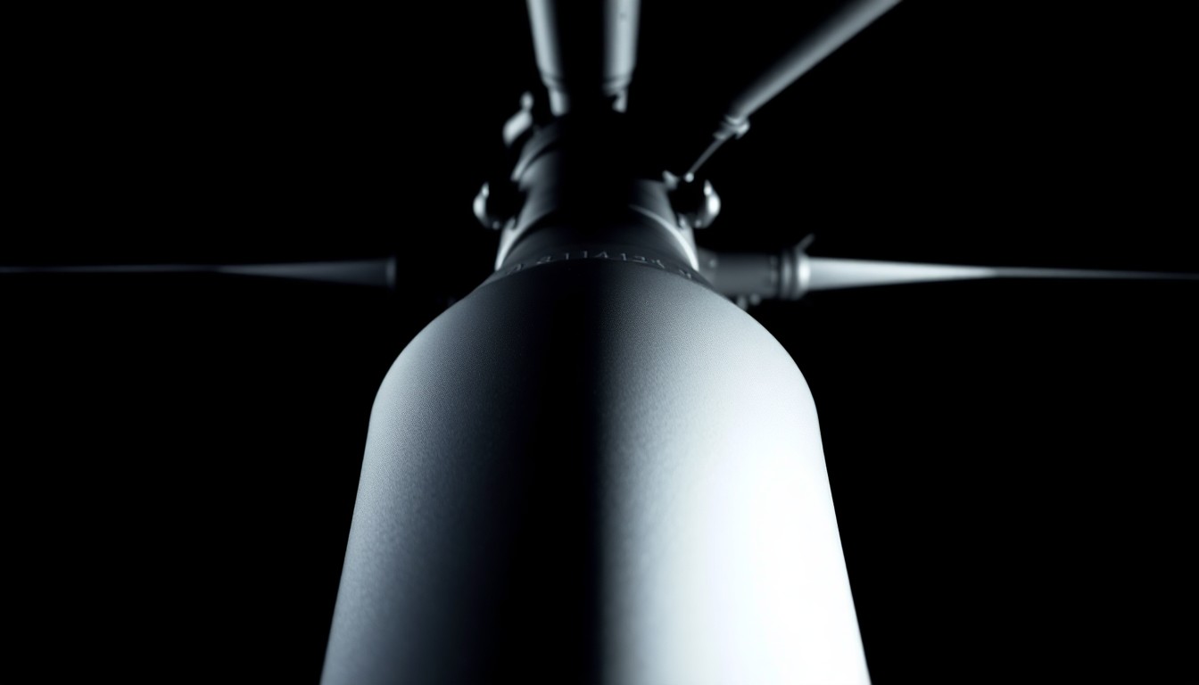 An extreme close-up photograph of a military helicopter rotor blade, its metallic surface heavily textured and dramatically lit by a harsh, direct camera flash against a pitch-black background, conceptually illustrating the security issues raised by the unauthorized flyover.