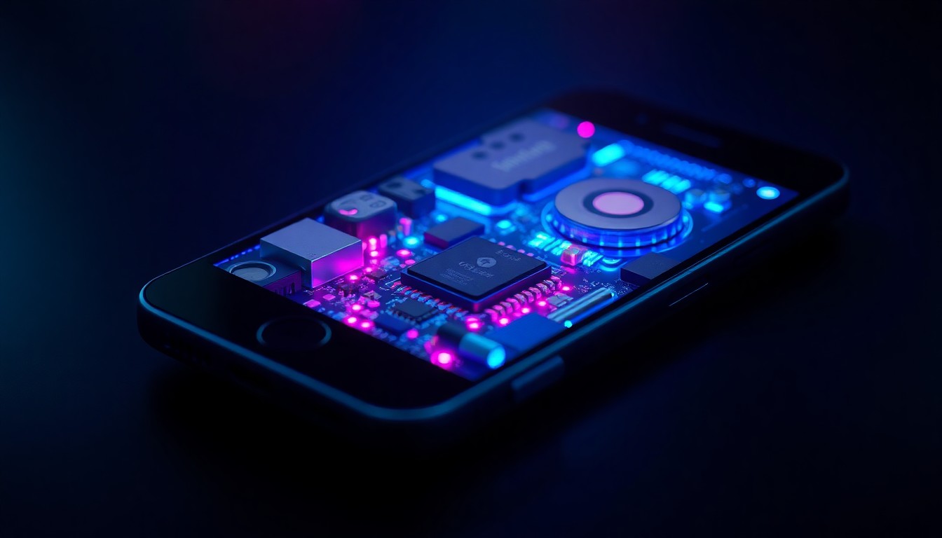 A highly detailed, glowing 3D illustration of the internal components of a smartphone, with neon cyan and magenta lights illuminating the circuitry and hardware, conveying the vulnerability of digital privacy in the face of expanding government surveillance powers.