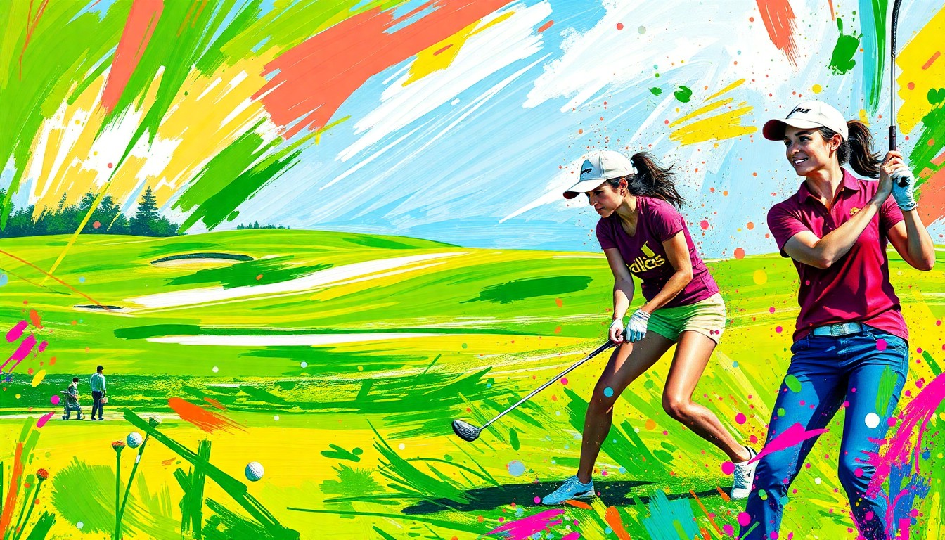 An extreme close-up of female golfers swinging their clubs, captured in a vibrant, energetic expressionist painting style with rapid brushstrokes and neon colors, conceptually representing the dynamic motion and raw athleticism of the practice session.