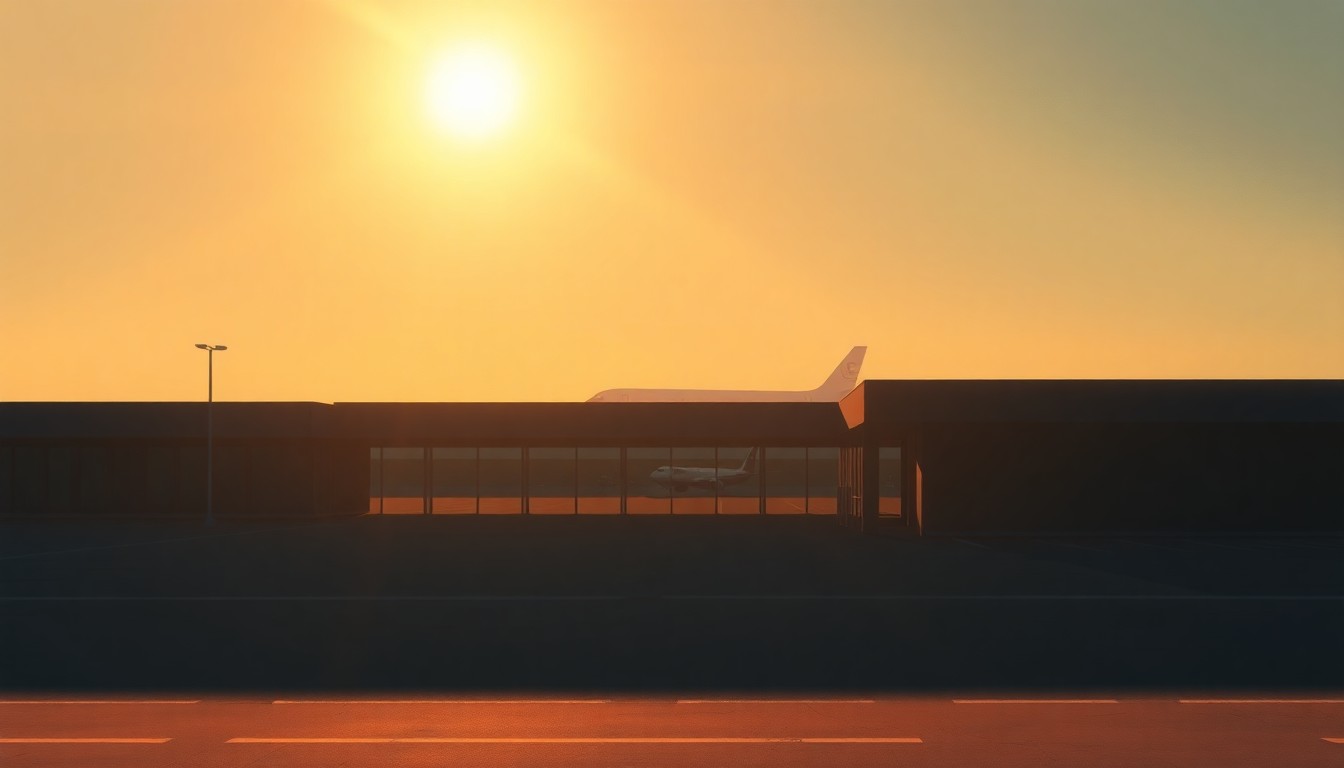 A serene, cinematic painting of a solitary airport terminal building in warm, golden light, with the faint outline of a presidential jet visible in the distance, conveying a sense of quiet contemplation around the political significance of renaming public infrastructure.