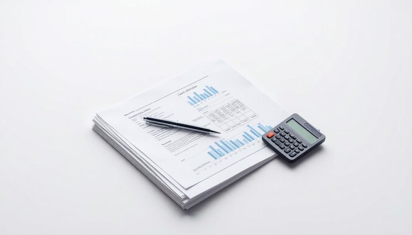 A high-end, photorealistic studio still-life photograph featuring a stack of financial documents, a pen, and a calculator on a clean, monochromatic seamless background, conceptually representing the abstract concepts of corporate strategy, finance, and growth in the healthcare and financial services sectors.