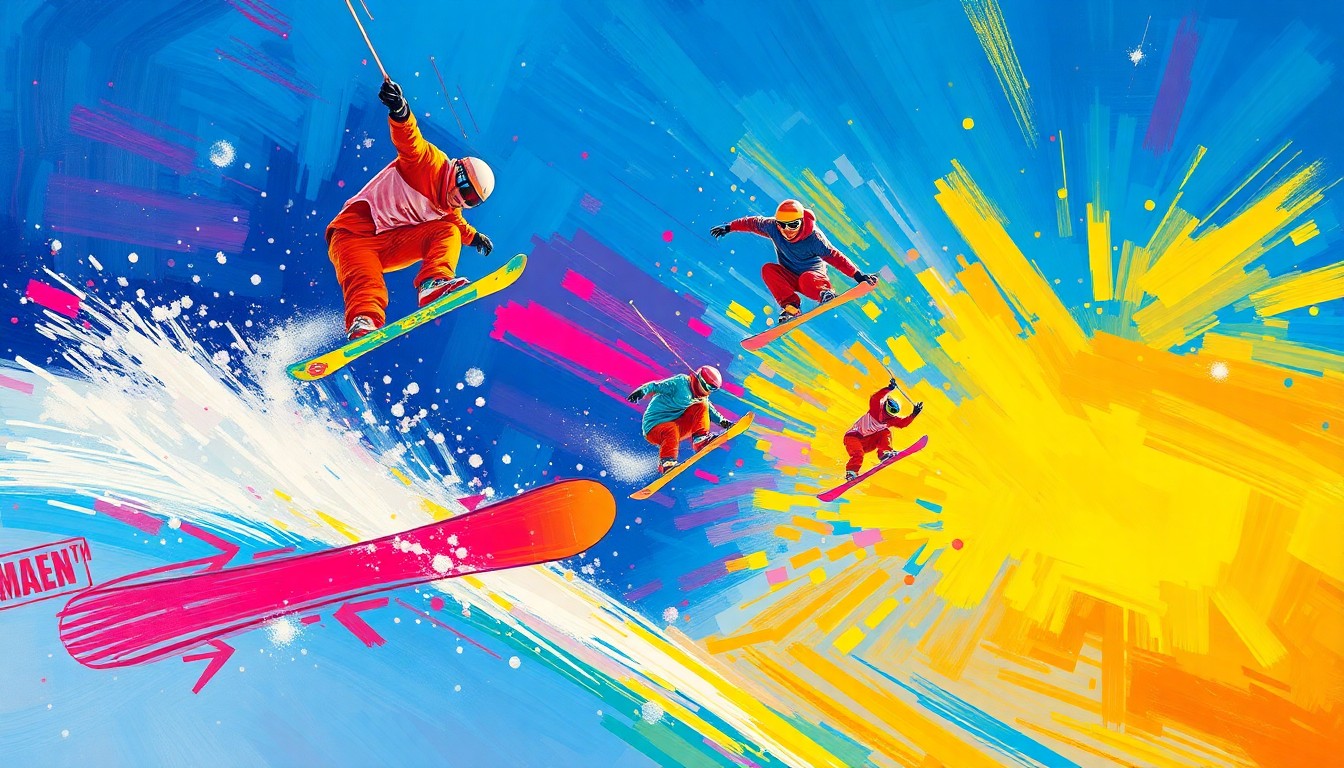 An abstract, energetic painting in neon colors depicting the dynamic movements and aerial tricks of snowboarders performing in a halfpipe, capturing the raw power and excitement of the sport.