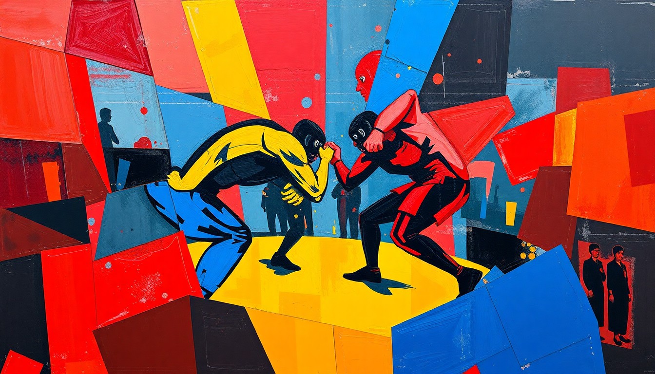 A cubist, geometric painting depicting a wrestling match or competition, with sharp, overlapping planes of vibrant red, blue, and yellow colors, conveying the raw energy and potential of the new WWE ID prospects.