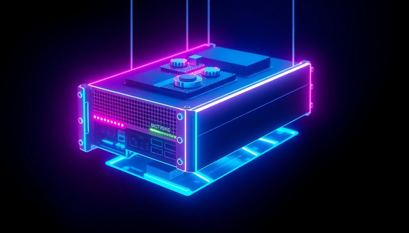 A highly detailed, glowing 3D illustration of a compact, modular computing device with illuminated ports, connectors, and circuit board elements, suspended against a dark, shadowy background to represent the powerful yet discreet nature of enterprise-grade technology infrastructure.