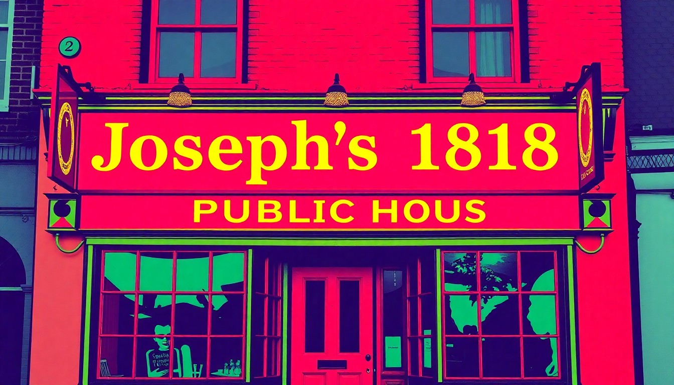 A highly stylized, abstract illustration featuring a repeating pattern of a classic pub sign or facade in bright, neon-like colors, conceptually representing the rebranding of a long-standing local business.