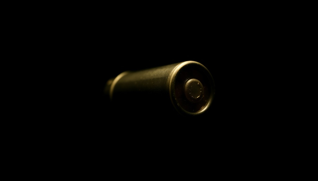 An extreme close-up photograph of a metallic 25mm explosive round, its surface texture and details dramatically illuminated by a harsh, direct camera flash against a pitch-black background, conceptually representing the discovery of a dangerous item during an airport security screening.