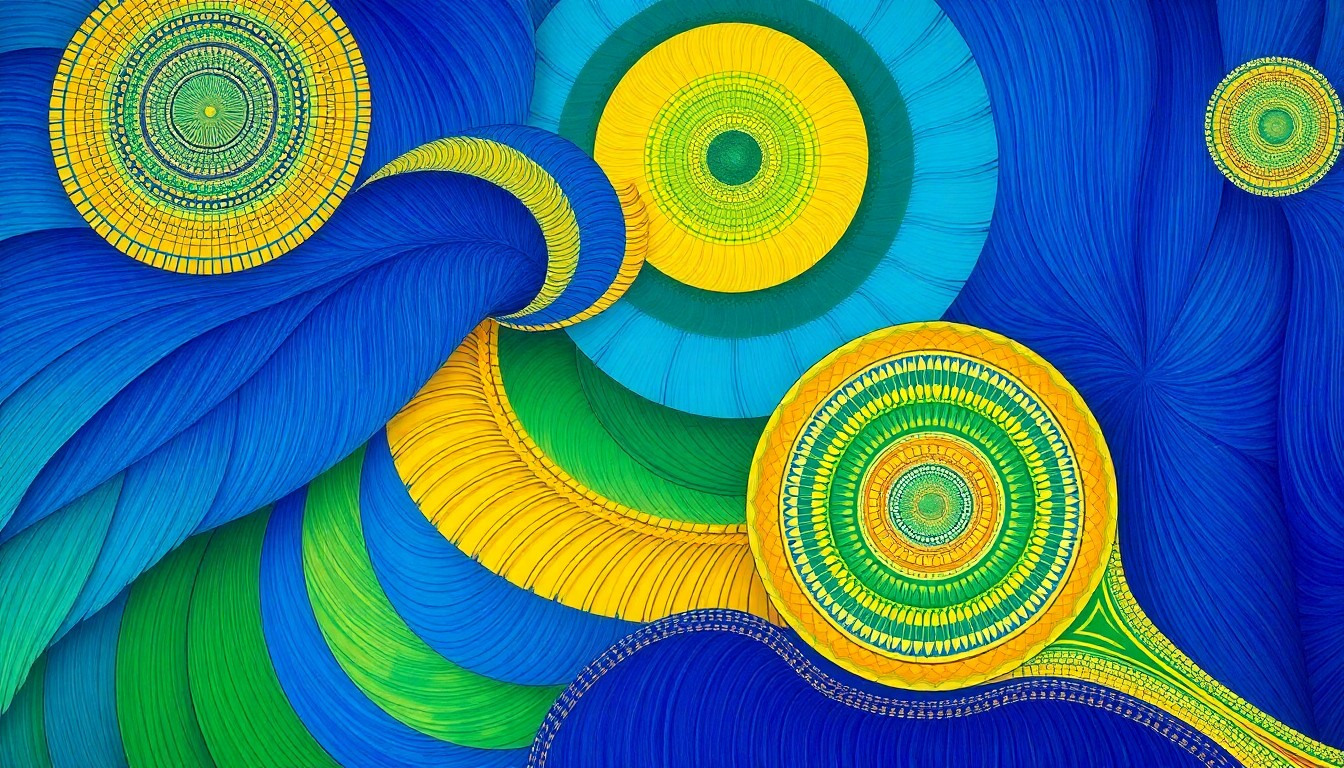 A highly textured, abstract painting featuring sweeping geometric shapes and botanical spirals in shades of blue, green, and yellow, conceptually representing the intricate structures and patterns of bird feathers.