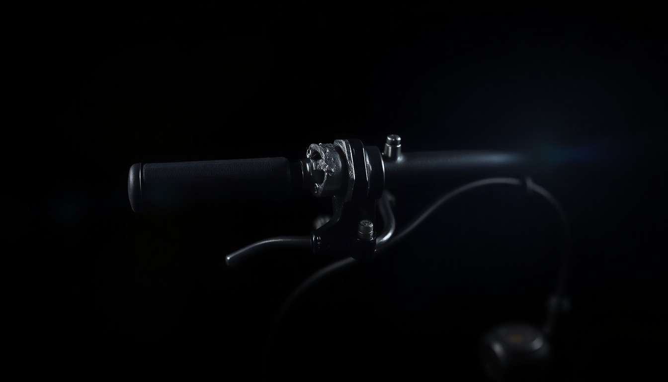 An extreme close-up photograph of a damaged eBike brake lever against a pitch-black background, conveying the dangers of reckless riding through a stark, gritty visual aesthetic.