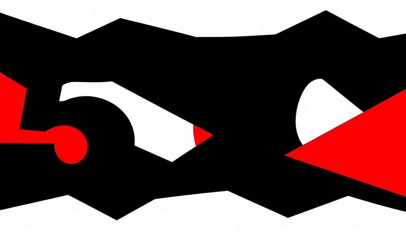 An abstract, minimalist illustration featuring bold, jagged shapes and silhouettes in high-contrast red and white, conceptually representing the 50-year history and enduring spirit of the Cleveland International Film Festival.