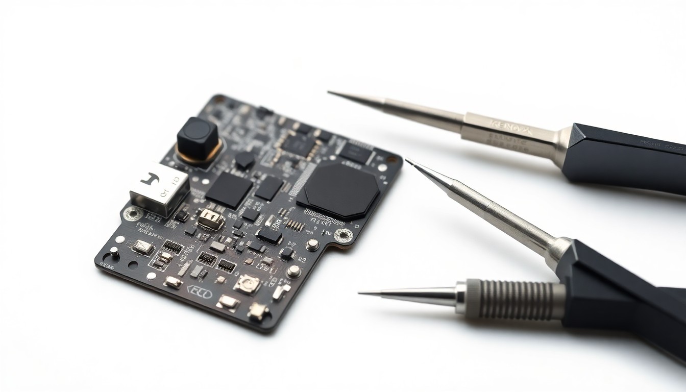 A high-end, photorealistic studio still-life photograph featuring a sleek, metallic circuit board component, a pair of precision tools, and a small, glowing LED light on a clean, white background, symbolizing the technical expertise and attention to detail that powers Renova Technology's services.
