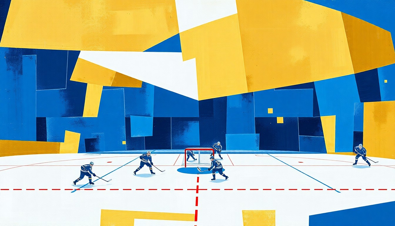A fractured, multi-perspective painting depicting a hockey game broken down into sharp, overlapping geometric shapes in the colors of the Buffalo Sabres, capturing the intensity and energy of their playoff push.