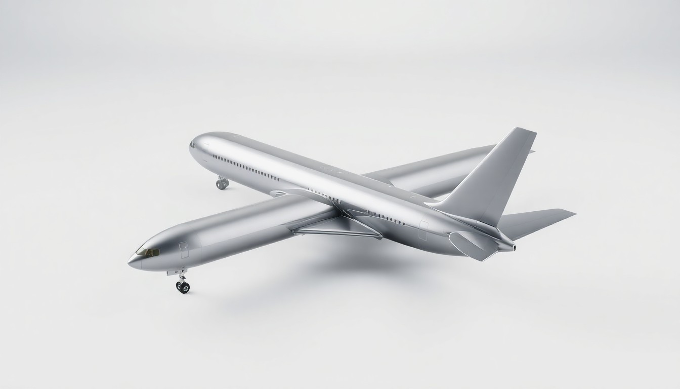 A high-end, photorealistic studio still-life photograph featuring a sleek, metallic Boeing 757 aircraft model with clean, geometric shapes and dramatic studio lighting, conceptually representing the advanced cargo capabilities that will enable Stratos Freight's growth in the Central Asian logistics market.