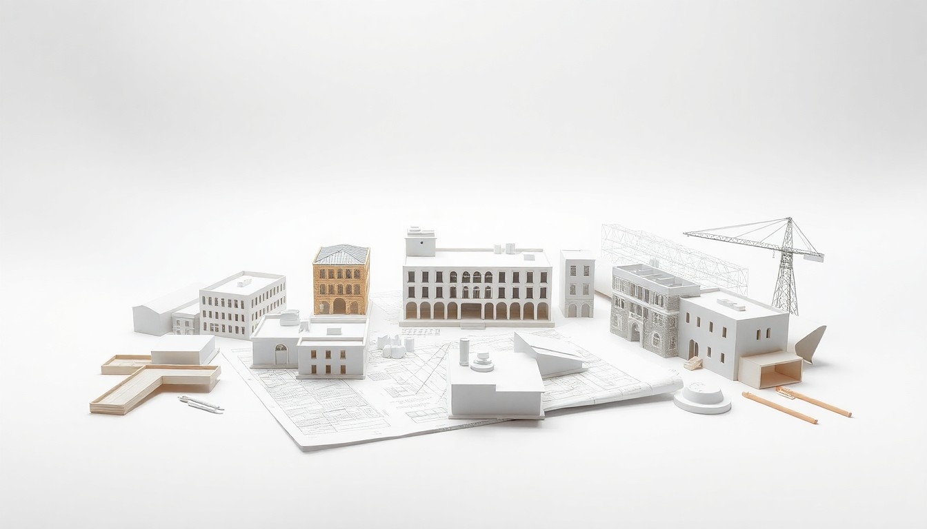 A photorealistic studio still life featuring a collection of architectural models, blueprints, and construction materials arranged on a clean, white background, symbolizing the planning process for new buildings in Newburgh.