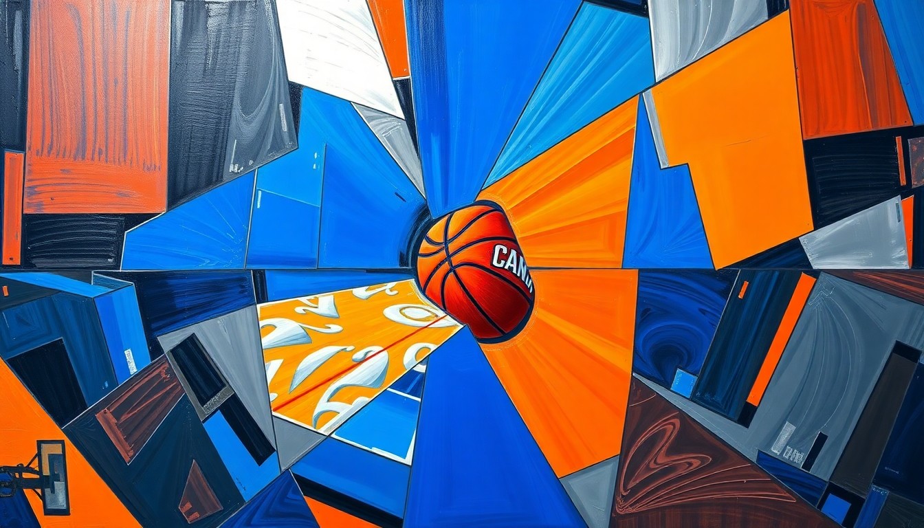 A fractured, cubist-style painting depicting the chaotic action of a basketball game, with players and the court broken down into sharp, overlapping geometric shapes in a vibrant color palette.