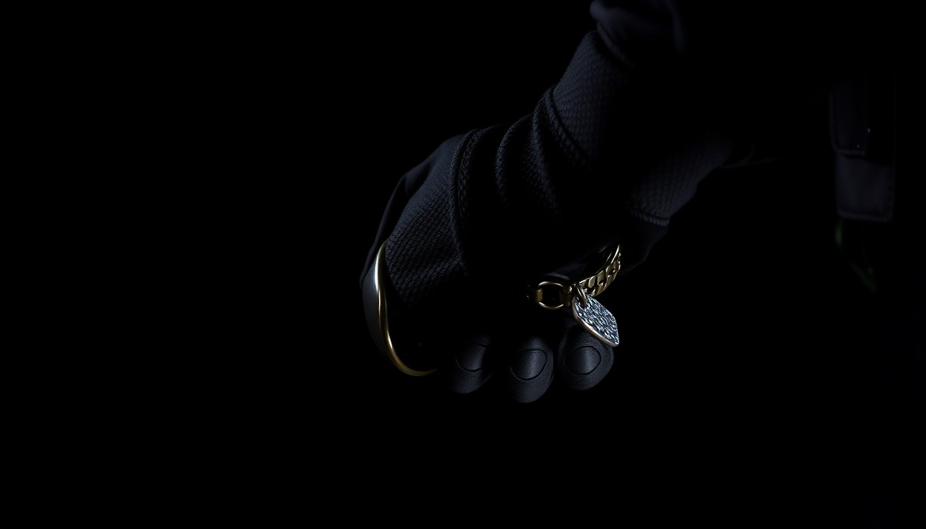 An extreme close-up photograph of a metal dog collar held in a police officer's gloved hand, dramatically lit by a harsh camera flash against a pitch-black background, conceptually representing the investigation into a dangerous dog attack.