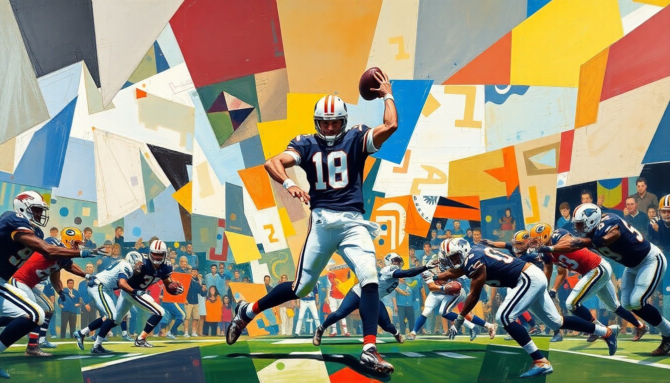 A fragmented, geometric painting depicting a football player in motion, with the player's form broken down into sharp, overlapping planes of color, conceptually representing the complex and unresolved nature of the Browns' quarterback situation.