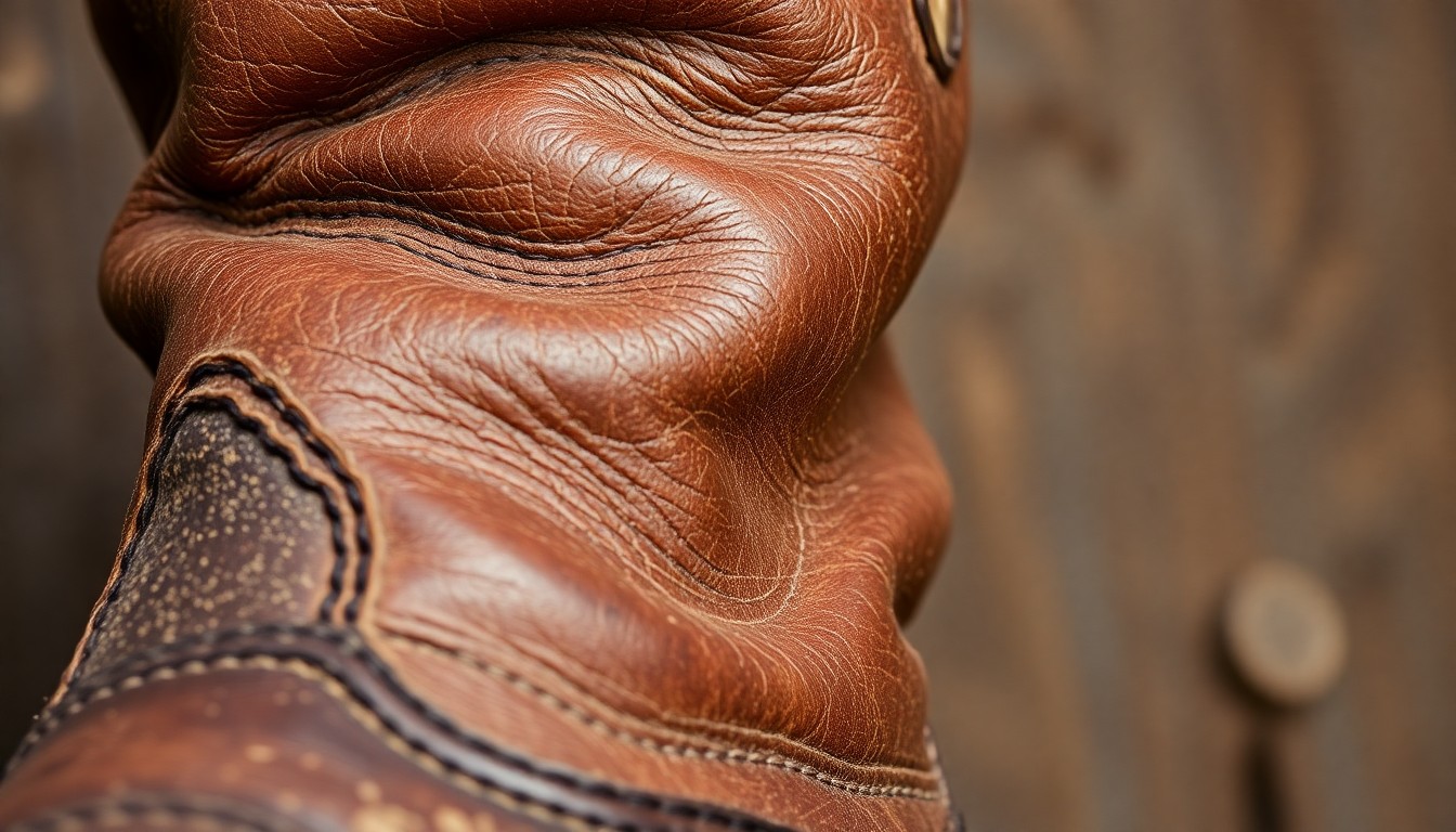 An extreme close-up photograph of a vintage leather cowboy boot, the worn and weathered texture capturing the rugged spirit of the American West.