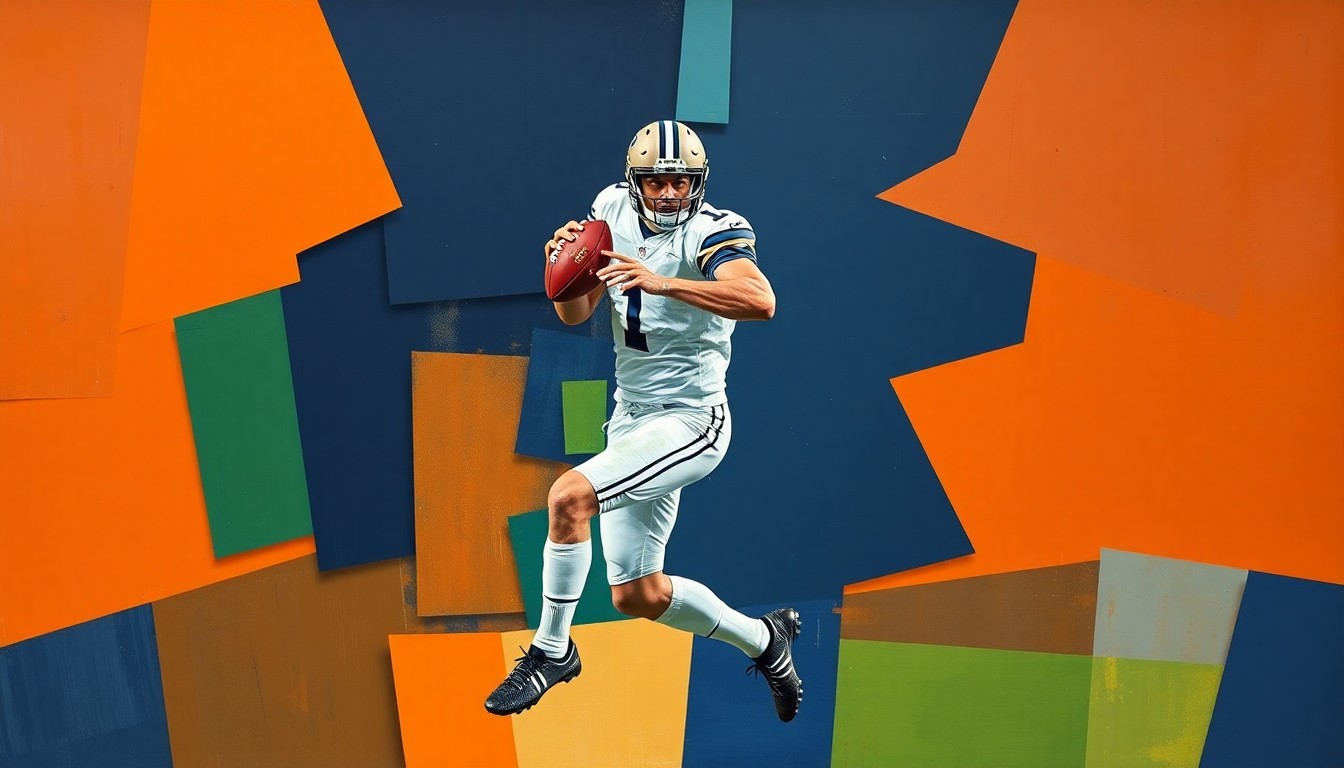 A cubist-style painting depicting a football player in mid-motion, their body broken down into overlapping geometric shapes in navy, green, and orange hues, conveying the conceptual tension of contract negotiations.