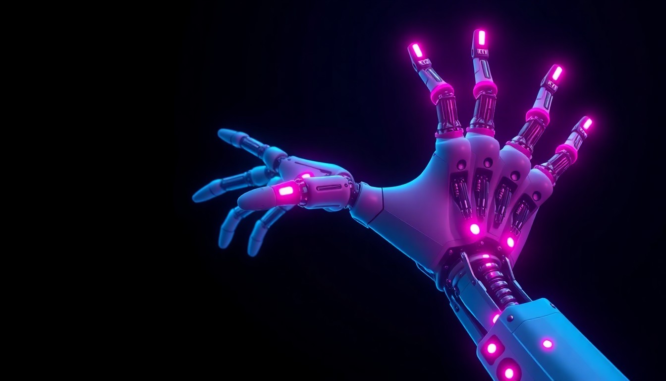 A highly detailed, glowing 3D illustration of an AI-powered robotic arm reaching out from a dark background, with neon cyan and magenta lights illuminating the mechanical components, conceptually representing the advanced physical AI and intelligent software powering new client technologies.