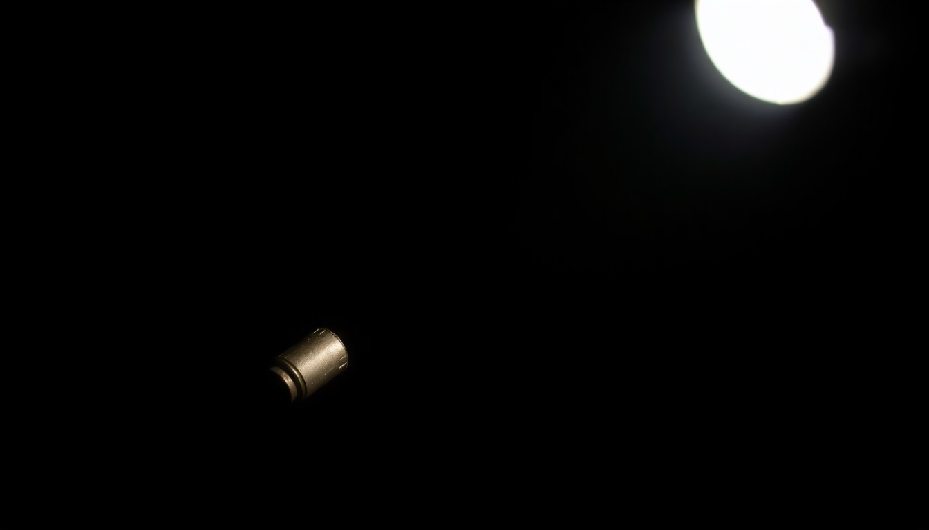 An extreme close-up photograph of a single bullet casing or fragment, its metallic surface and intricate details sharply illuminated by a harsh, direct camera flash against a pitch-black background, conveying a sense of forensic investigation and the high stakes of the case.