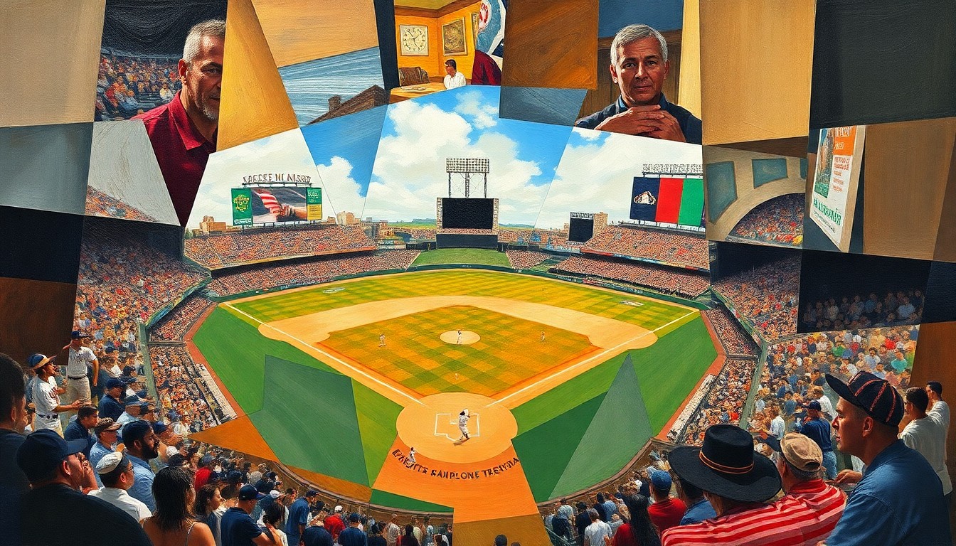 A cubist, geometric painting depicting a baseball game broken down into overlapping, fragmented shapes and planes, capturing the dynamic action and tension of the game.