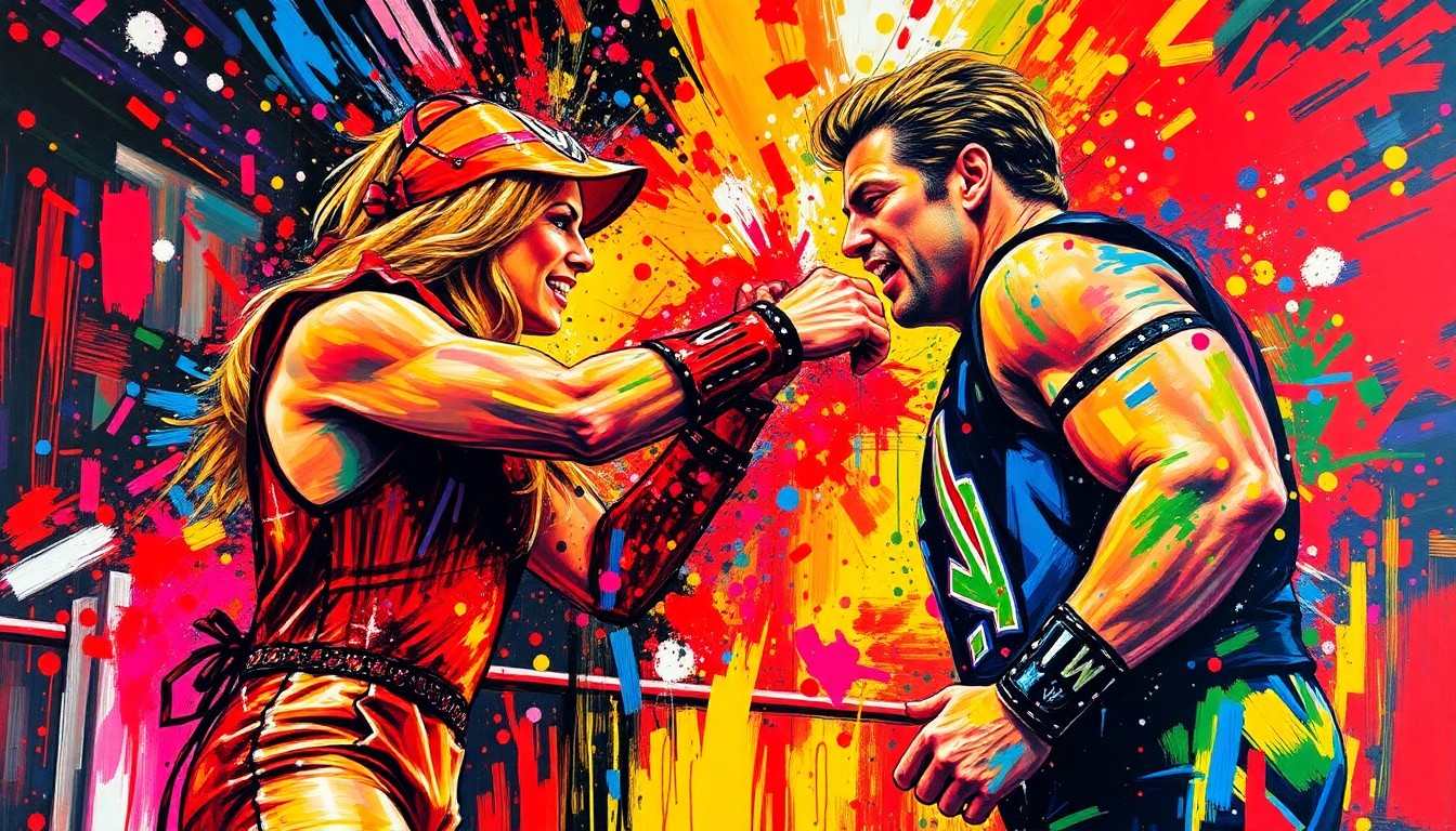 An abstract, expressionist painting in vibrant neon colors depicting the intense confrontation between Stephanie McMahon and Cody Rhodes, their figures dissolving into energetic brushstrokes that capture the emotional volatility of the moment.