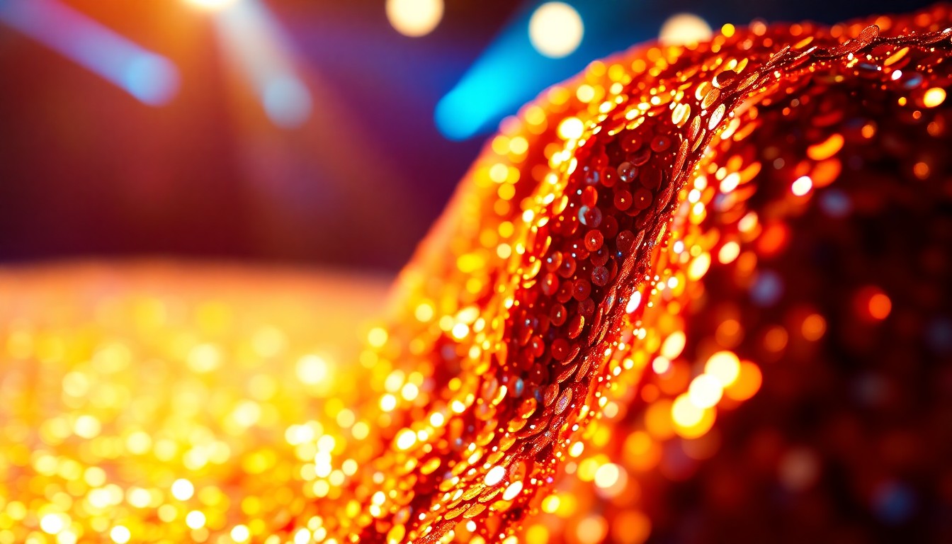 An extreme close-up photograph of shimmering metallic sequins arranged in an abstract, high-contrast pattern, conveying the glamour and spectacle of a major music performance.