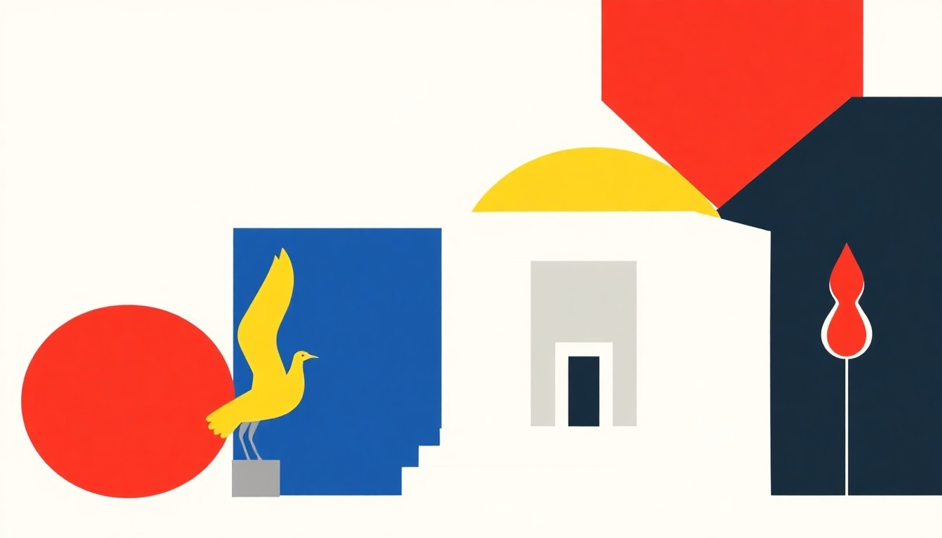 A geometric abstract illustration using bold shapes and primary colors to conceptually represent the Federal Reserve's limited policy tools in the face of rising energy prices and inflation.