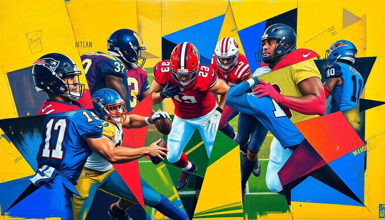 A cubist, geometric painting depicting fragmented football players, draft prospects, and other symbolic elements related to the NFL Draft, rendered in a vibrant color palette.