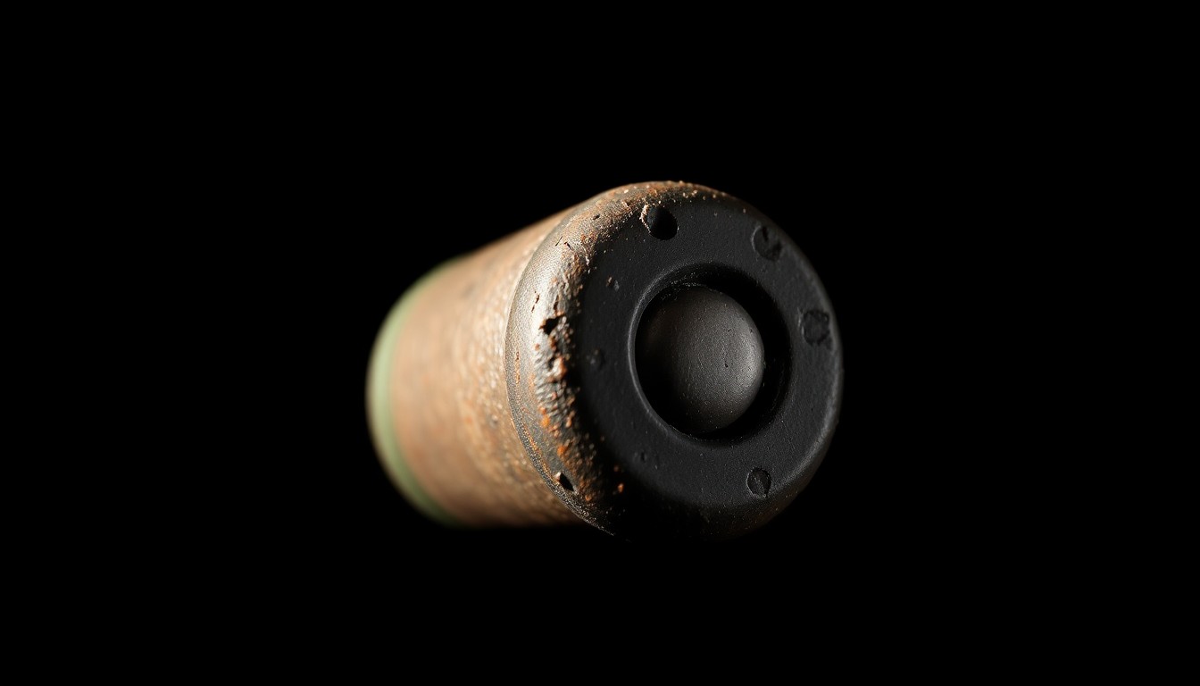 An extreme close-up photograph of a heavily textured and corroded 25mm explosive round, lit by a harsh, direct camera flash against a pitch-black background, creating a stark, gritty, investigative aesthetic.