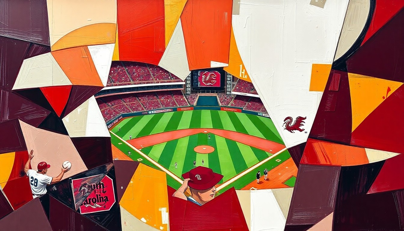 A cubist, geometric painting depicting a softball game between Mississippi State and South Carolina, with the players and field broken down into overlapping planes of maroon, white, and garnet colors, capturing the intensity and competitive spirit of the matchup.