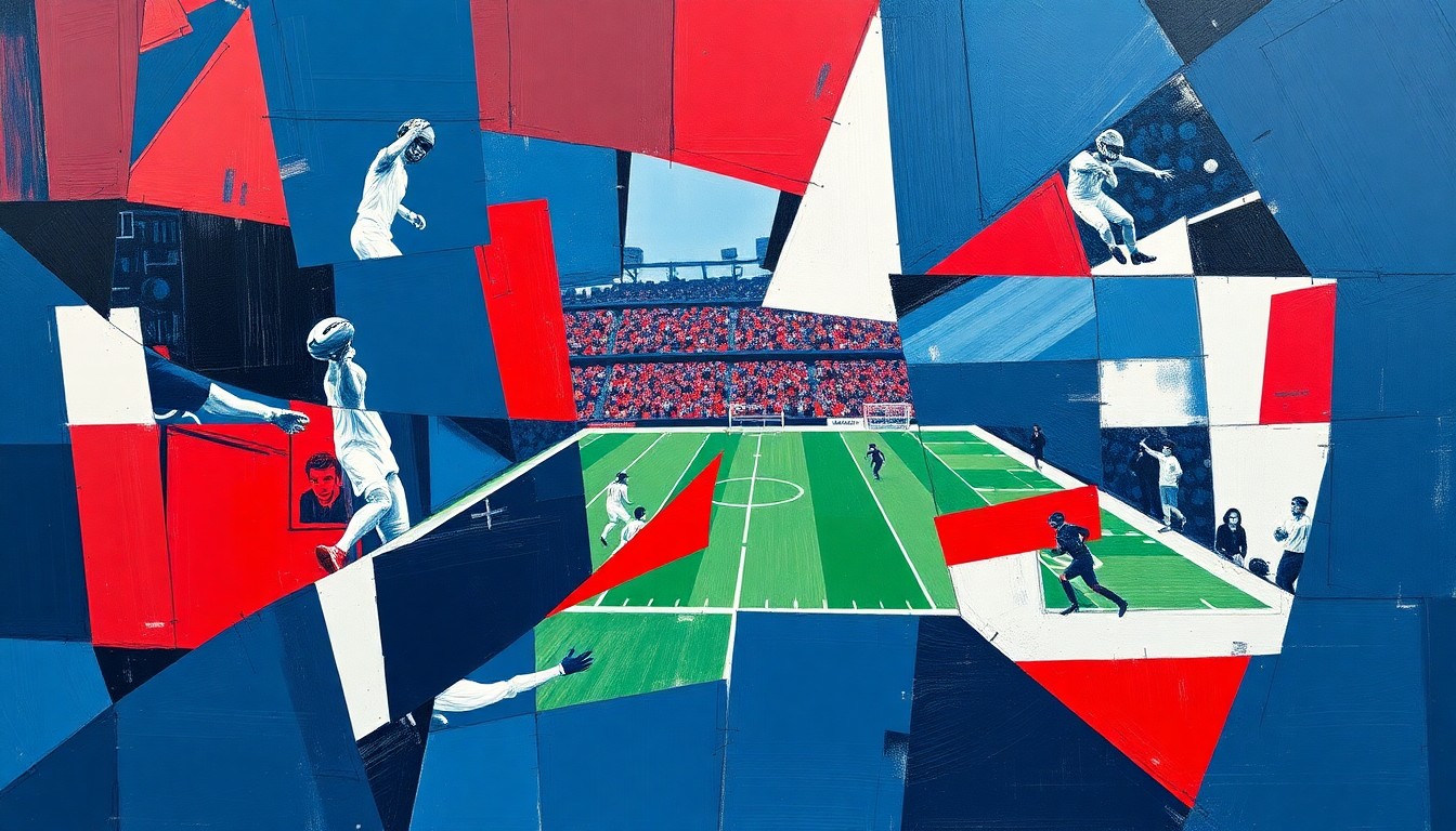 A cubist, geometric painting depicting a fragmented football game or match, with sharp, overlapping planes of navy blue, red, and white, capturing the dynamic energy of the sport.