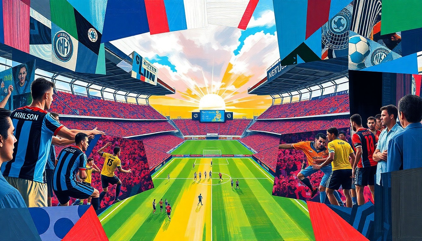 A cubist, geometric painting depicting the opening match at Nu Stadium, with fragmented shapes and planes of color representing the players, field, and stadium architecture.