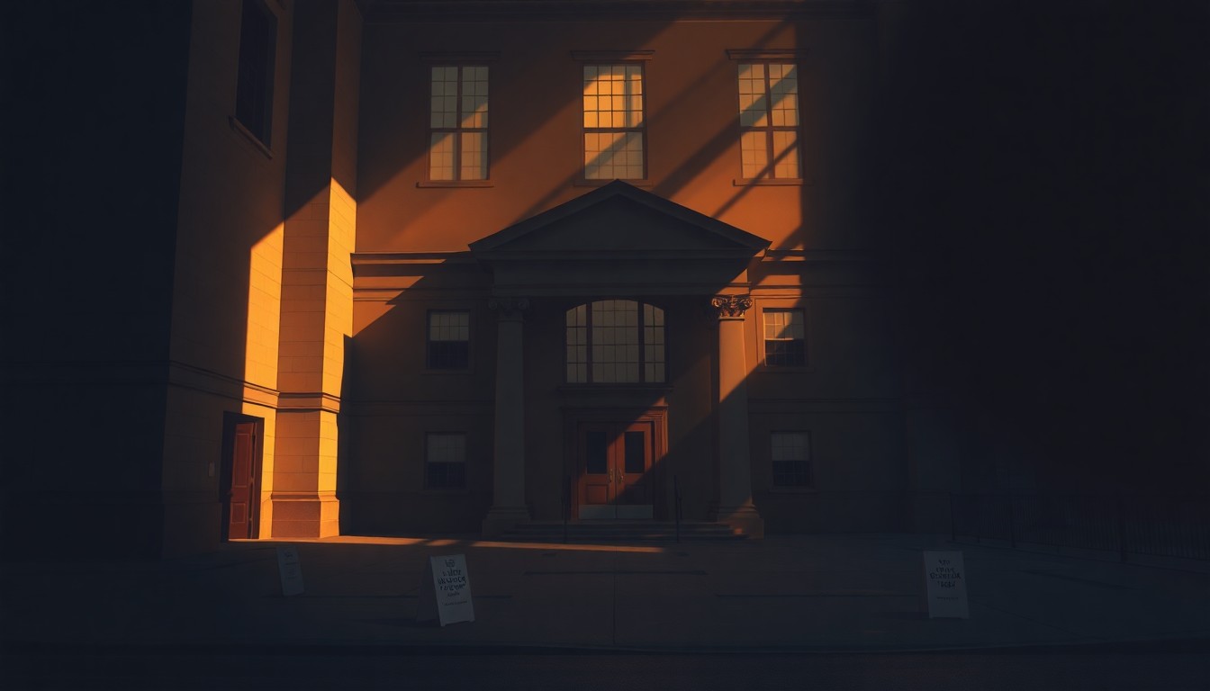 A photorealistic painting of Newark City Hall in soft, warm light, with deep shadows across the facade, conveying a sense of quiet unease and political tension.