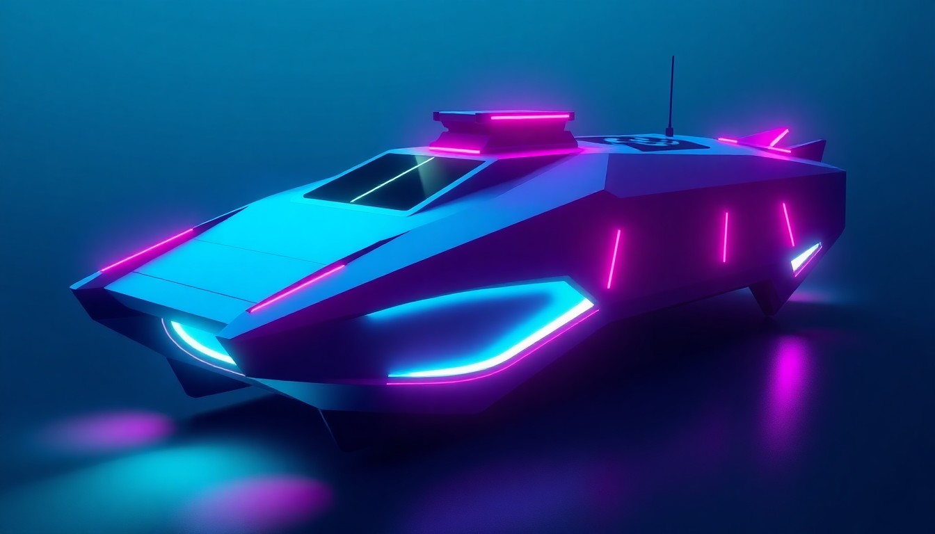 A highly detailed, glowing 3D illustration of an angular, futuristic autonomous underwater vehicle illuminated by neon cyan and magenta lights, representing the advanced technology powering the UK Royal Navy's new fleet of Teledyne AUVs.