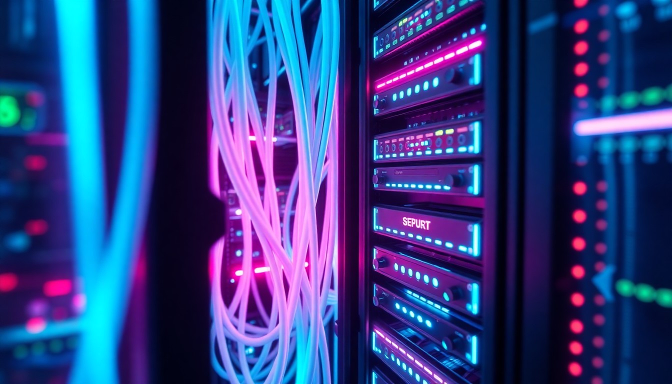 A highly detailed, glowing 3D illustration of a futuristic data center server rack, with neon cyan and magenta lights pulsing through the cables and components, conceptually representing the resilient infrastructure needed to protect against ransomware attacks in cloud environments.