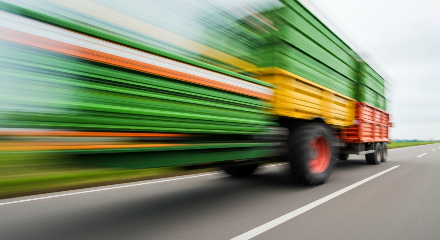 A vibrant, abstract image of a tractor and trailer in motion, with the vehicle transformed into sweeping streaks of color that convey a sense of speed and energy on the rural roads.