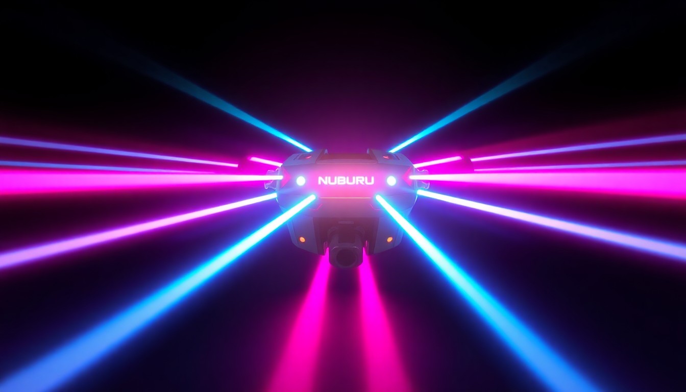 A highly detailed, glowing 3D illustration of a futuristic directed-energy weapon system emitting bright cyan and magenta beams of light, conceptually representing NUBURU's counter-drone technology.