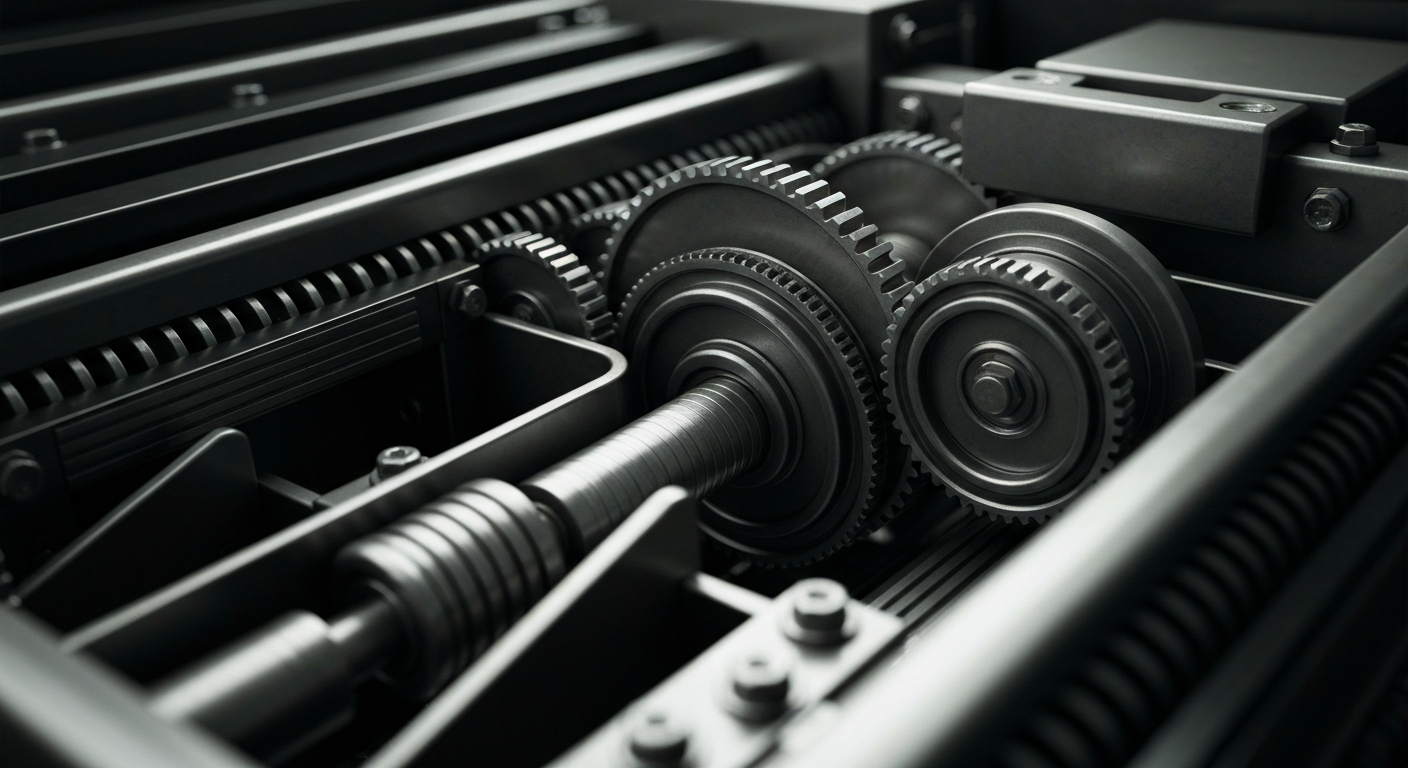 A close-up view of the complex mechanical components and gears of a financial transaction processing machine, rendered in a high-contrast, industrial style that evokes a sense of the sophisticated infrastructure behind modern cross-border money movement.