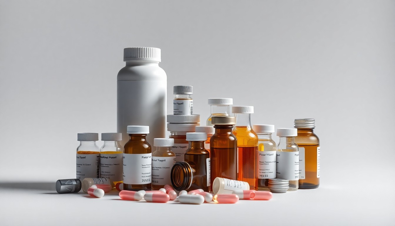A minimalist studio still life featuring a stack of pharmaceutical pill bottles and vials arranged elegantly on a clean, monochromatic background, conceptually representing the high-stakes corporate negotiations and legal scrutiny surrounding a potential acquisition.
