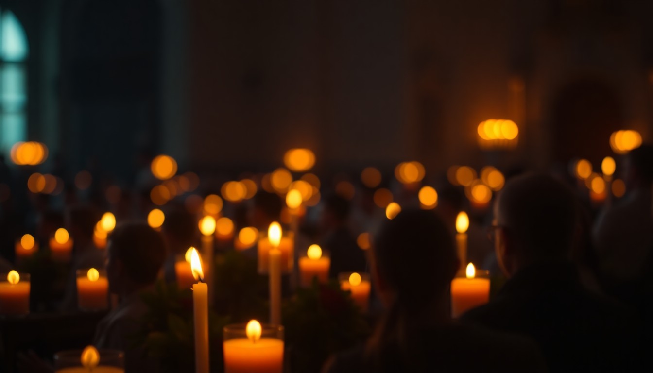 An extremely abstracted, out-of-focus photograph of a candlelit memorial service, with warm pools of light and shadow creating an atmosphere of somber reflection.