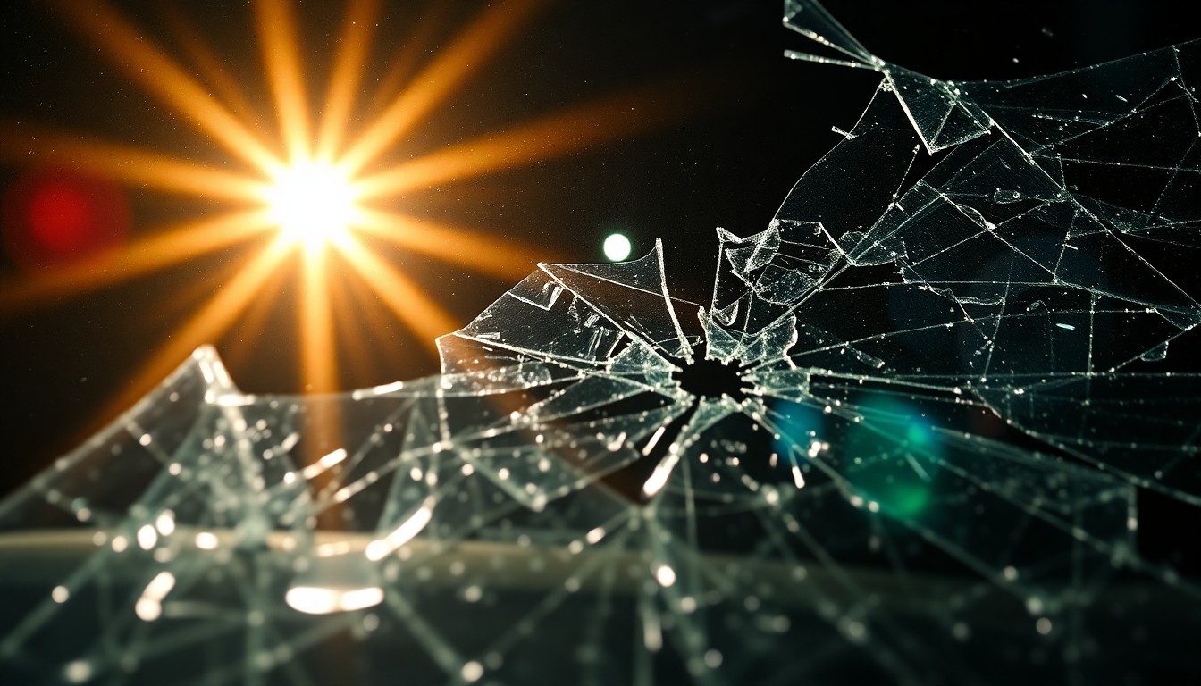 An extreme close-up photograph of a shattered car windshield reflecting the harsh glare of a camera flash, conceptually representing the devastating impact of a fatal drunk driving collision.