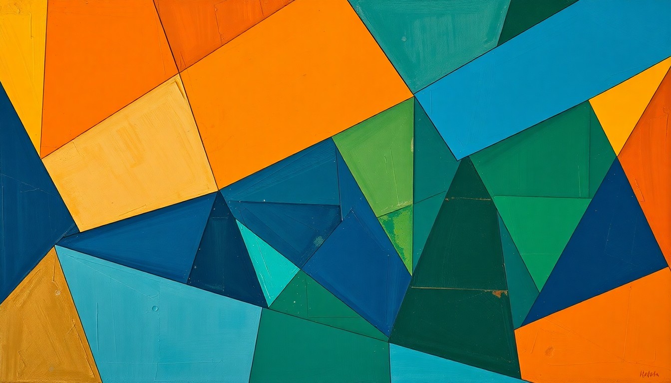 A cubist, geometric painting depicting a high school basketball game, with overlapping planes of navy, green, and orange conveying the dynamic energy of the sport.