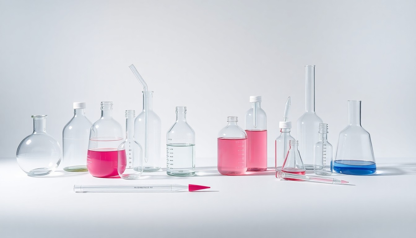 A minimalist studio still life featuring a collection of laboratory equipment arranged in a clean, elegant composition, symbolizing the precision and innovation of pharmaceutical research.