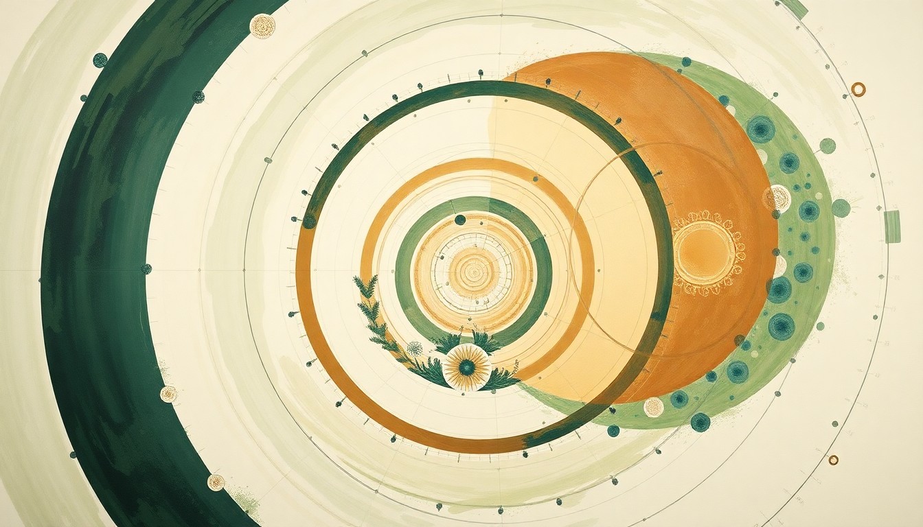 An abstract, geometric painting in soft, earthy tones of green, brown, and blue, depicting sweeping arcs, concentric circles, and precise spirals that evoke the structural order and interconnected forces of the natural world, representing the groundbreaking biomedical research honored by the 2026 Canada Gairdner Awards.